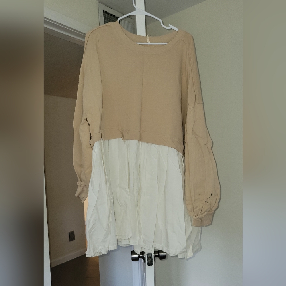 Beige And White Flaired Shirt Dress